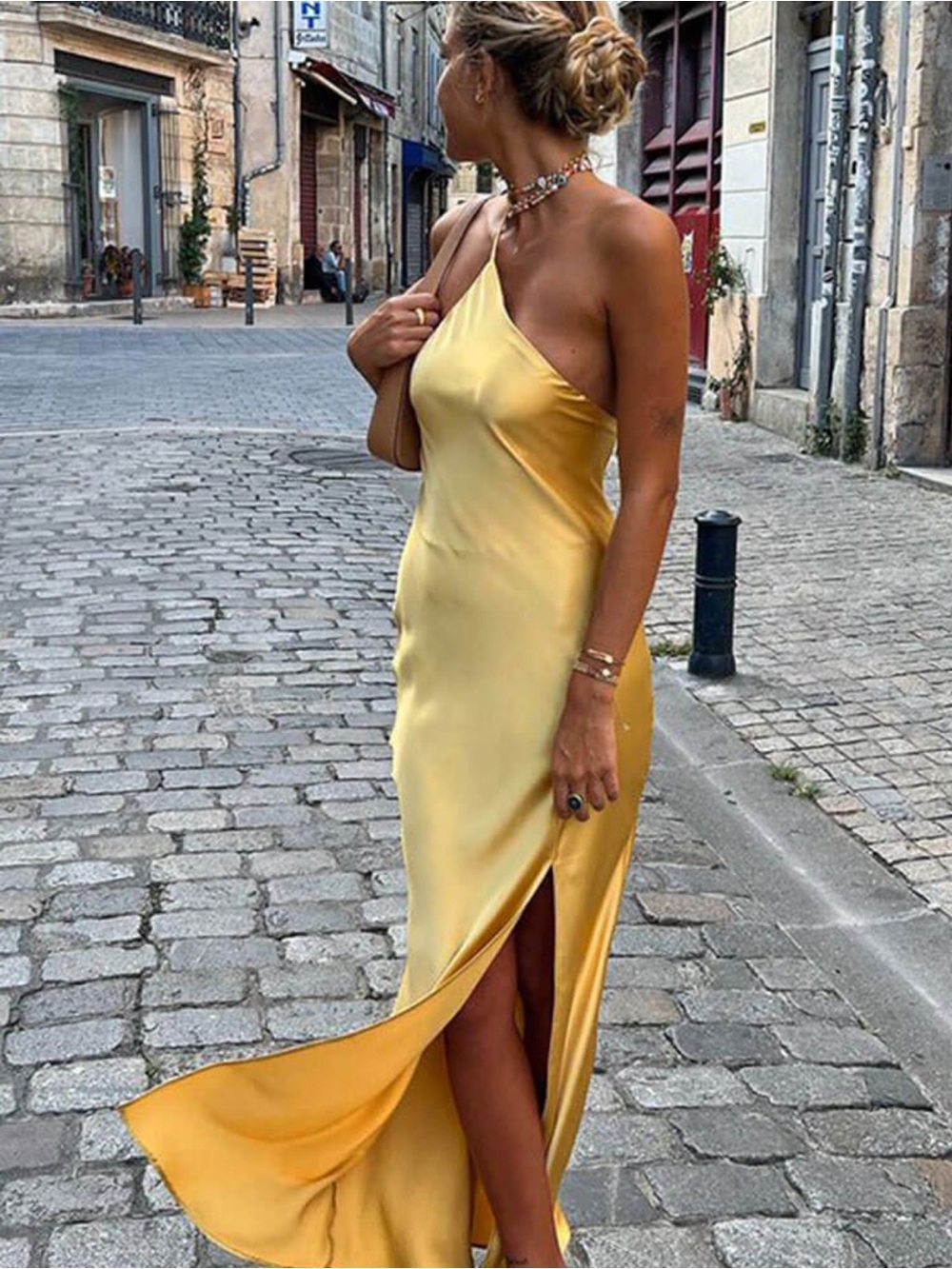Commense One-Shoulder Satin Slip Dress in Yellow
